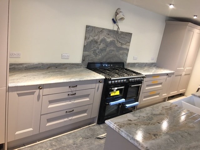 River Blue Leathered Kitchen Worktops with ogee profile