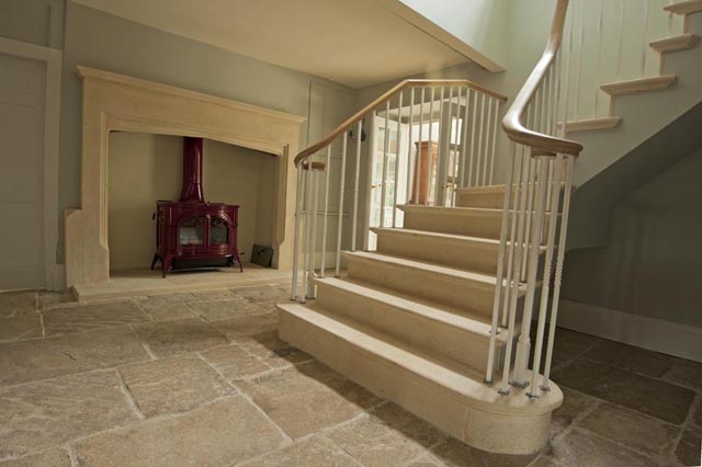 Bath Stone steps, fireplace and flooring