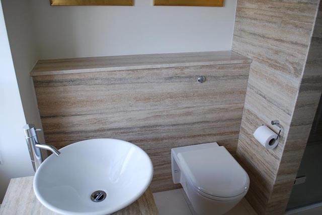 Silver travertine bathroom